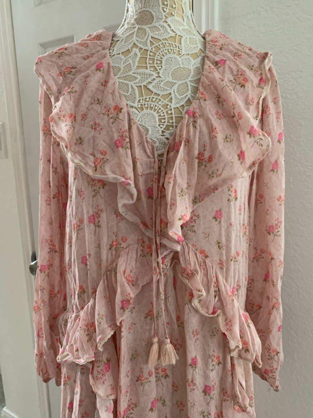 SPELL Fleur Ruffle Gown Pink Champagne Floral Ruffle Maxi Dress - Size Medium - Picture 6 of 13